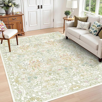 Farmhouse Sage Green Washable Living Room Rug 5x7, Floral Area Rug for Bedroom, Nursery, Dining Room Under Table, Home Office, Low Pile Non Slip Boho Carpet, Soft Cottagecore Botanical Accent Mat