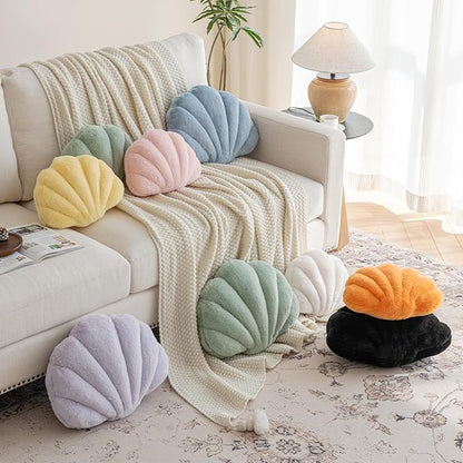 Shell Pillow, Seashell Throw Pillow with Soft Rabbit Plush for Couch Bed, Shell Shaped Decorative Ocean Pillow Stylish Beach Cushion Room Aesthetic Home Decor (Black, 18 X 13 Inches)