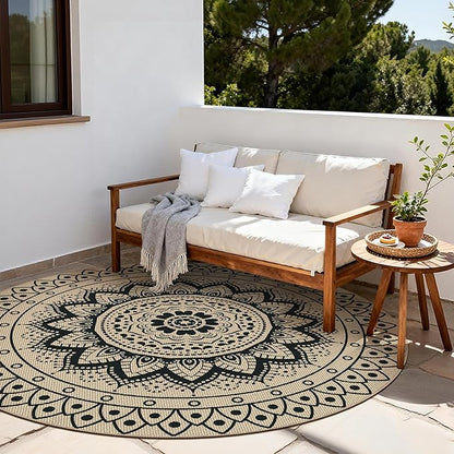 Easy Jute Outdoor Round Rug, 8ft Washable Indoor Outdoor Patio Rug, Black Non Slip Round Area Rug Farmhouse, Boho Carpet for Backyard Patio