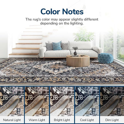 Lessymo 9 x 12 Area Rugs for Living Room, Machine Washable Area Rugs Boho Faux Wool Low Pile Area Rug for Bedroom, Floral Medallion Vintage Rugs with Non-Slip Rubber, Kid & Pet Friendly,Black Brown