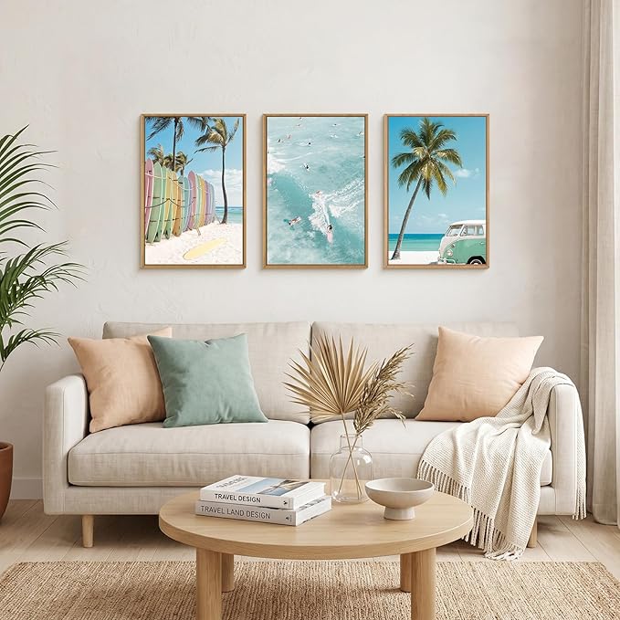 KAIRNE Ocean Beach Framed Canvas Wall Art Set, Coastal Seascape Surfboard Wall Decor, Modern Palm Tree Art Prints, Summer Surfing Blue Artwork for Living Room, Bedroom, Farmhouse, Office-24 x36 x3