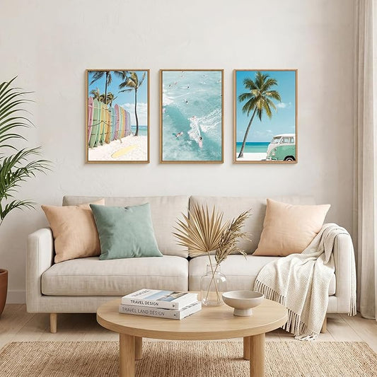 KAIRNE Ocean Beach Framed Canvas Wall Art Set, Coastal Seascape Surfboard Wall Decor, Modern Palm Tree Art Prints, Summer Surfing Blue Artwork for Living Room, Bedroom, Farmhouse, Office-24 x36 x3