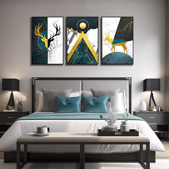 Boho Canvas Wall Art Set of 3 with Black Frame, Abstract Minimalismt Bohemian Deer & Geometric Pictures Prints Artwork Paintings Wall Decor for Bedroom Living Room Home Decoration 24x36 inches