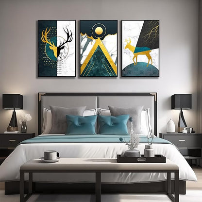 Boho Canvas Wall Art Set of 3 with Black Frame, Abstract Minimalismt Bohemian Deer & Geometric Pictures Prints Artwork Paintings Wall Decor for Bedroom Living Room Home Decoration 24x36 inches