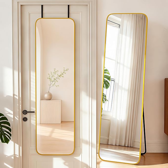 NARCISSUS 57x16 Mirror Door Hanging Full Length Body with Floor Stand or Wall Mounted Metal Aluminum Frame Tempered Glass Rectangle Mirrors for Bedroom Dressing Living Room Bathroom 57 inch Gold