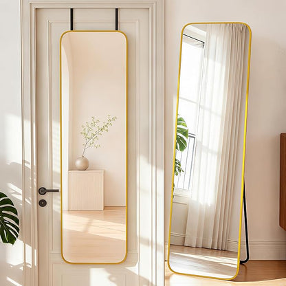 NARCISSUS 57x16 Mirror Door Hanging Full Length Body with Floor Stand or Wall Mounted Metal Aluminum Frame Tempered Glass Rectangle Mirrors for Bedroom Dressing Living Room Bathroom 57 inch Gold