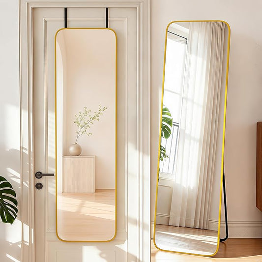 NARCISSUS 57x16 Mirror Door Hanging Full Length Body with Floor Stand or Wall Mounted Metal Aluminum Frame Tempered Glass Rectangle Mirrors for Bedroom Dressing Living Room Bathroom 57 inch Gold