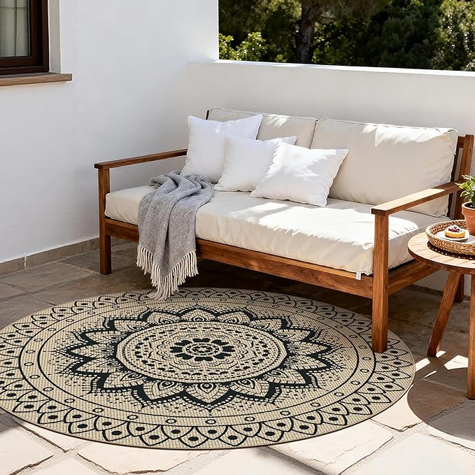 Easy Jute Outdoor Round Rug, 6ft Washable Indoor Outdoor Patio Rug, Black Non Slip Round Area Rug Farmhouse, Boho Carpet for Backyard Patio