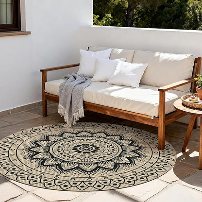 Easy Jute Outdoor Round Rug, 6ft Washable Indoor Outdoor Patio Rug, Black Non Slip Round Area Rug Farmhouse, Boho Carpet for Backyard Patio