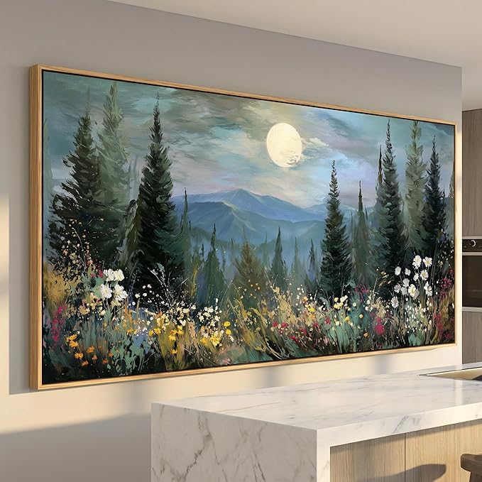 BQVCT Mountain Landscape Wall Art with Pine Trees and Wildflowers 20x40 Inch Full Moon Nature Scene Canvas Print with Wood Frame Forest Cabin Decor for Living Room Bedroom Office