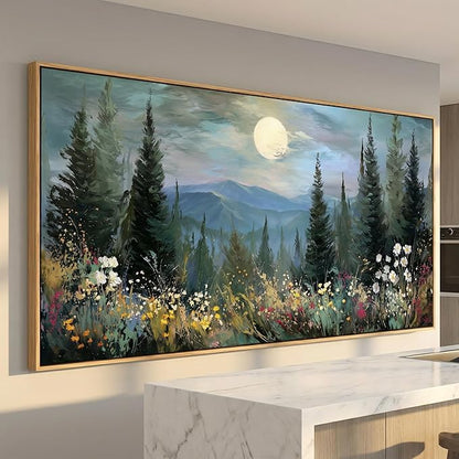 BQVCT Mountain Landscape Wall Art with Pine Trees and Wildflowers 20x40 Inch Full Moon Nature Scene Canvas Print with Wood Frame Forest Cabin Decor for Living Room Bedroom Office