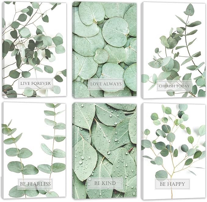 HoozGee Framed Inspirational Botanical Built-in Wooden Frame Canvas Wall Art Prints Tropical Leaves Wall Decor Motivational Sage Green Leaf Posters Room Decor (16"x24" FRAMED)