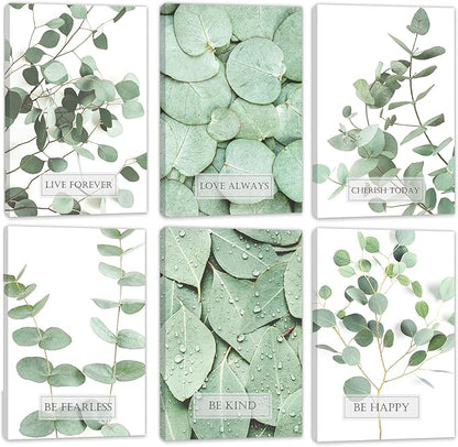 HoozGee Framed Inspirational Botanical Built-in Wooden Frame Canvas Wall Art Prints Tropical Leaves Wall Decor Motivational Sage Green Leaf Posters Room Decor (16"x24" FRAMED)
