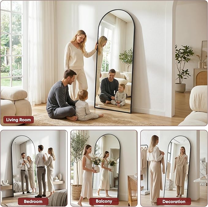 Antok Full Length Floor Mirror Arched Standing Mirror with Aluminum Frame - Freestanding Wall Mount Leaning Body Mirror for Bedroom Living Room Entryway, 71" L x 32" W, Black