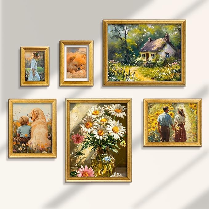 TWING 4x6 Gold Picture Frames Set of 6,Rustic Gold Frames Display Pictures 3x5 with Mat or 4x6 Without Mat,Tabletop Display and Wall Mounting Collage Photo Frame,Set for Wall Gallery