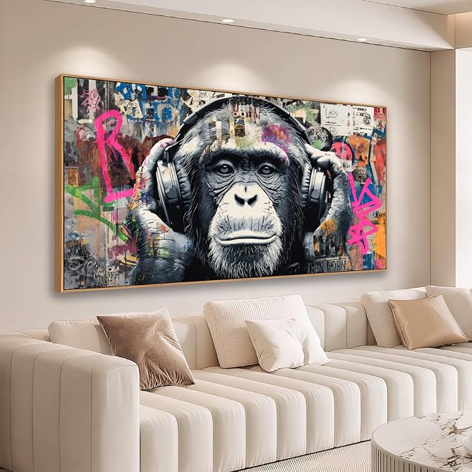 Sorbrozo DJ Gorilla Street Art Print - Colorful Graffiti Canvas Painting with Headphones Urban Animal Wall Decor for Boys Room Music Lover Gift 24x48in