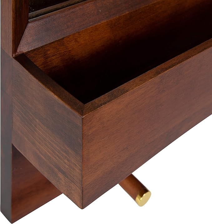 Kate and Laurel Hinter Mid-Century Framed Wall Mirror with Pocket Shelf, 24 x 24, Walnut Brown, Organizing Mail Holder and Wall Hooks