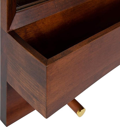 Kate and Laurel Hinter Mid-Century Framed Wall Mirror with Pocket Shelf, 24 x 24, Walnut Brown, Organizing Mail Holder and Wall Hooks