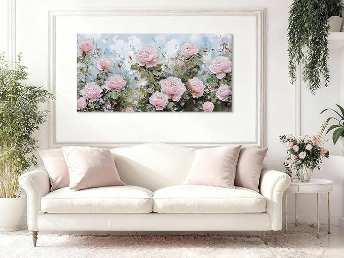 Ardemy Flower Wall Art Canvas Art Wall Decor, Floral Painting Textured Picture Living Room Pink Rose Artwork Large Framed for Bedroom Kitchen Dining Room Home Office Decor 48"x24"