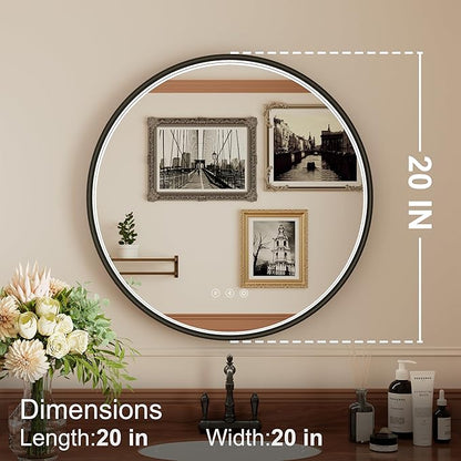20 Inch Dual Bluetooth LED Bathroom Mirror, Black Framed Round Vanity Mirror with Lights, Dimmable, 3000K/4500K/6000K, Anti-Fog, Memory, CRI 90+