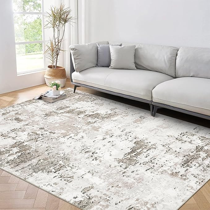 ROYHOME 5x7 Area Rugs Modern Abstract Faux Wool Rug Ultra-Soft Low Pile Accent Rug Stain Resistant Washable Rugs Carpet for Bedroom with Non Slip Backing, Taupe/Beige