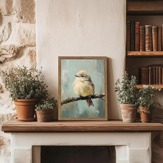 Vintage Framed Bird Wall Art, Rustic Sparrow on Branch Canvas Wall Decor Painting, Cute Bird Animal Artwork Poster Prints Pictures for Living Room Bedroom Bathroom 12x16 Inch