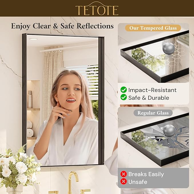 TETOTE Black Mirror for Bathroom 40" x 30" Matte Black Frame Bathroom Vanity Mirror for Over Sink, Tempered Glass, Modern Farmhouse Rectangle Wall Mirrors for Living Room, Bedroom, Entryway