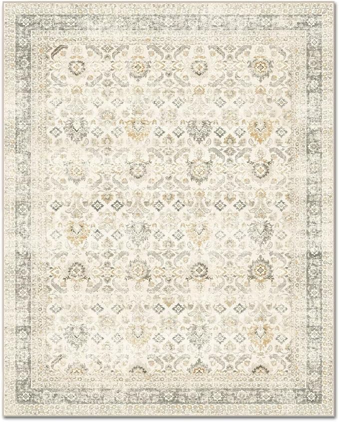 Washable 6x9 Area Rugs for Living Room, Boho Non-Slip Vintage Distress Large Rugs for Bedroom Dining Room Nursery Office, 0.3" Neutral Oriental Throw Thin Carpet, Grey/Beige/Multi, C2