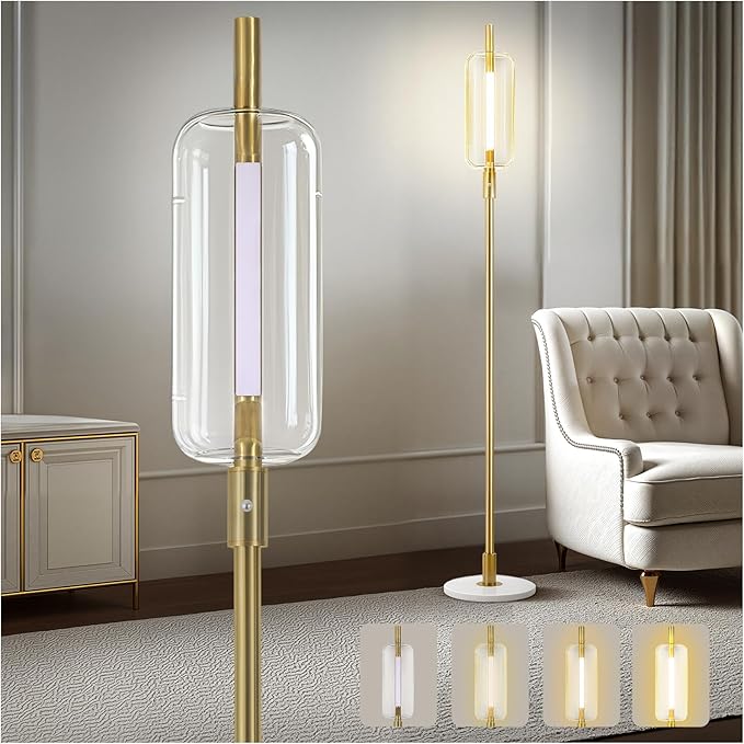 KIVDITZO Dimmable Glass Floor Lamps for Living Room, Modern Standing Floor Lamp with Glass Lampshade, Marble Base, 64" Tall Lamp with Touch Switch for Bedroom Office Living Room