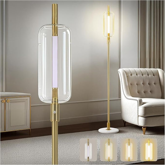 KIVDITZO Dimmable Glass Floor Lamps for Living Room, Modern Standing Floor Lamp with Glass Lampshade, Marble Base, 64" Tall Lamp with Touch Switch for Bedroom Office Living Room