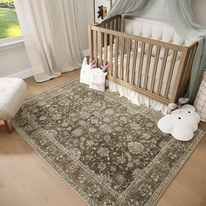 Washable 5x7 Area Rugs for Living Room, Boho Non-Slip Vintage Rugs for Bedroom Dining Room Nursery Office, 0.3" Neutral Oriental Throw Thin Carpet with Cushioning Pad, Tan/Flaxen/Multi, E2