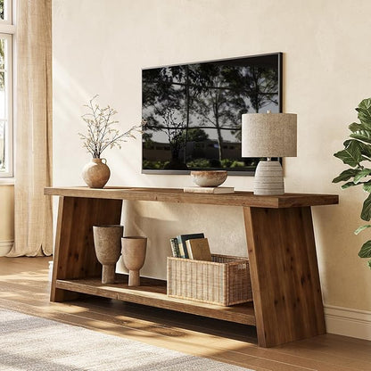 LITTLE TREE Solid Wood TV Stand, Farmhouse Media Console for 55/60/65 inch TV, 2-Tier Mid-Century Modern TV Stand with Storage, for Living Room, Entertainment Center (Walnut, 63-Inch)