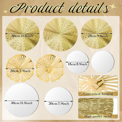 Hicarer 9 Pcs Circle Mirrors Metal Home Decor Wall Decorative Modern Round Accent Wall Art Sculpture Hanging Decorations for Living Room Office Bedroom Kitchen(Gold)