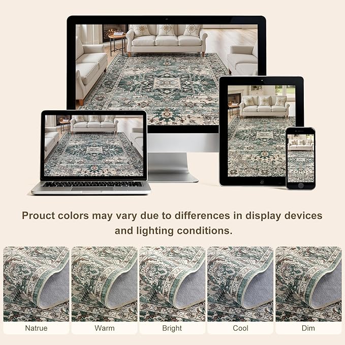 5x8 Washable Area Rugs for Living Room: Non Slip Vintage Green Rug, Large Soft Stain Resistant Indoor Floor Carpets for Bedroom Dining Room Nursery Home Office Kid & Pet Friendly