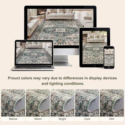 5x8 Washable Area Rugs for Living Room: Non Slip Vintage Green Rug, Large Soft Stain Resistant Indoor Floor Carpets for Bedroom Dining Room Nursery Home Office Kid & Pet Friendly