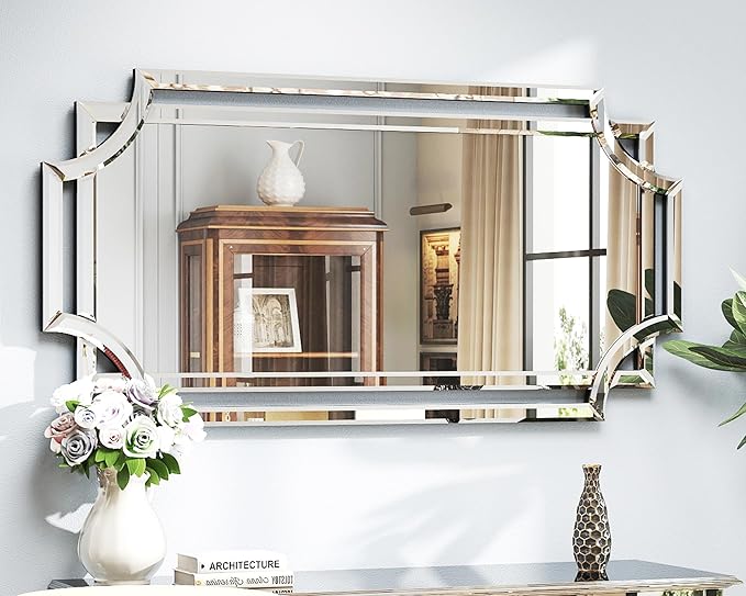 Chende 24" x 47" Large Mirror for Decor, Decorative Wall Mirror with Beveled Edge and Glass Pieces, Rectangle Wall Decor for Living Room, Bathroom, Bedroom, Dining Room, Horizontal/Vertical Hanging
