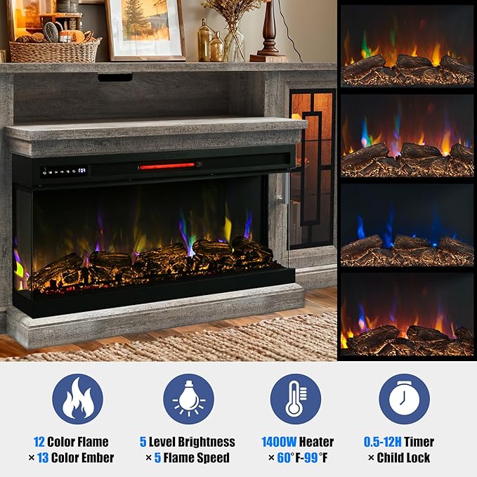 75 Inch Electric Fireplace TV Stand, 3- Side Glass LED Modern Media Entertainment Center Console Table for TVs up to 80/85 Inch w/Adjustable Flame, 40’’ Fireplace, Highboy, Gray Wash