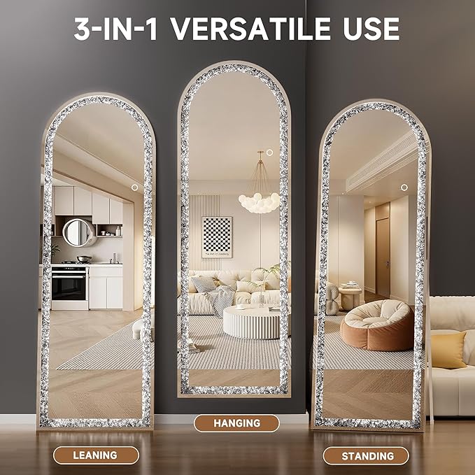 71"×24" Full-Length Mirror with Lights- Arch Crystal Crush Diamond Wall Mounted Hanging Diamond Mirror Leaning for Living Room Bedroom