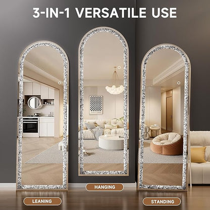 71"×24" Full-Length Mirror with Lights- Arch Crystal Crush Diamond Wall Mounted Hanging Diamond Mirror Leaning for Living Room Bedroom
