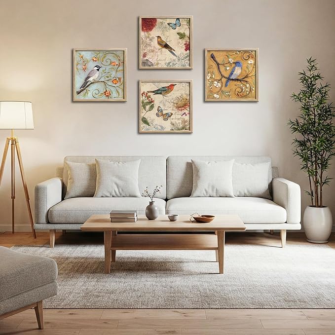 Framed Flowers Birds Canvas Wall Art for Bedroom Floral Wall Decor Butterfly Picture Artwork Vintage Prints Paintings for Bathroom Kitchen Decorations 12"x12"