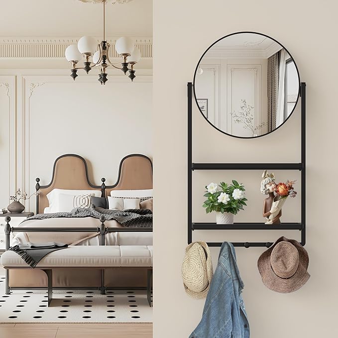 39.5" × 21.7" Black Round Wall Mirror with Shelf and Hooks, 10° Adjustable Tilt Metal Frame Bathroom Mirror with Shelf for Bedroom, Entryway, Living Room