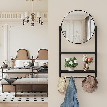 39.5" × 21.7" Black Round Wall Mirror with Shelf and Hooks, 10° Adjustable Tilt Metal Frame Bathroom Mirror with Shelf for Bedroom, Entryway, Living Room