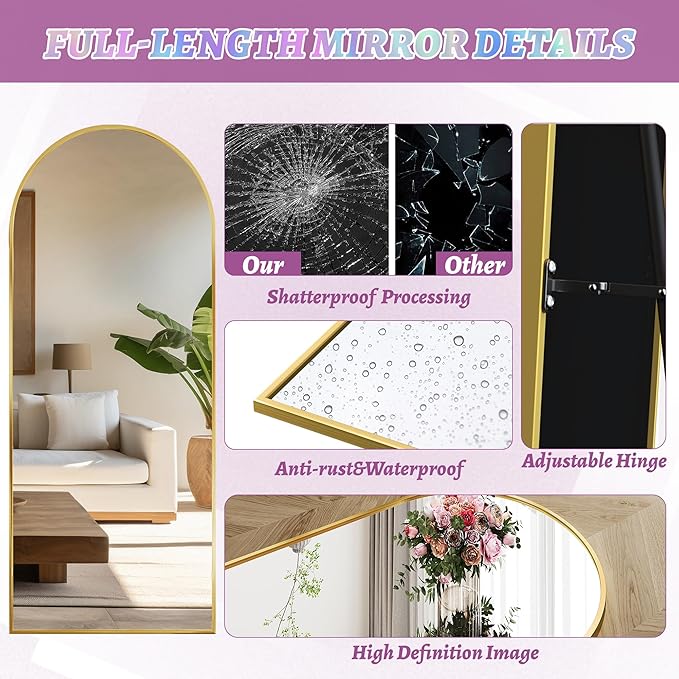 Full Length Mirror, 57"x19" Arched Floor Mirror Freestanding, Floor Standing Full Body Mirror with Stand for Bedroom, Hanging Mounted for Living Room Cloakroom, Gold