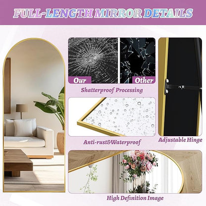 Full Length Mirror, 57"x19" Arched Floor Mirror Freestanding, Floor Standing Full Body Mirror with Stand for Bedroom, Hanging Mounted for Living Room Cloakroom, Gold