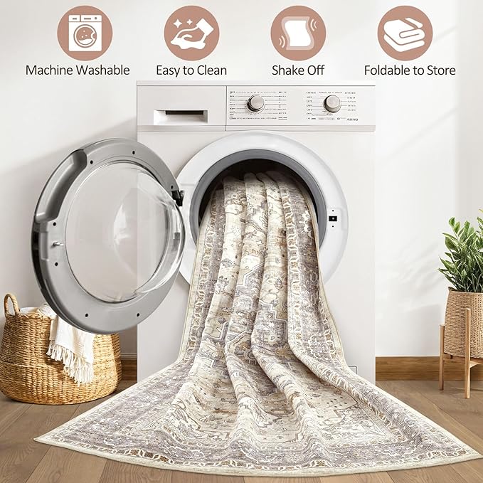 Runner Rug Kitchen Washable Rugs: 2x5 Non-Slip Boho Soft Vintage Stain Resistant Indoor Floor Neutral Farmhouse Throw Carpet for Hallway Bathroom Laundry Room Entryway Bedroom- Brown