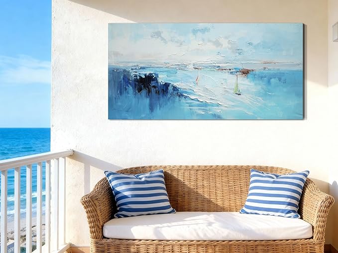 Ardemy Blue Wall Art Canvas for Living Room Textured Turquoise Painting for Bedroom Teal Artwork Framed Home Office Kitchen Dining Room Mens Room Wall Decor, Extra Large 58"x29"
