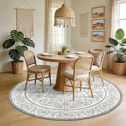 GarveeHome Boho Round Rugs 6ft for Living Room Non Slip, Vintage Botanical Circle Rug Washable Area Rug for Dining Room Stain Resistant, Low Pile Soft Grey Circular Carpet for Nursery Kitchen