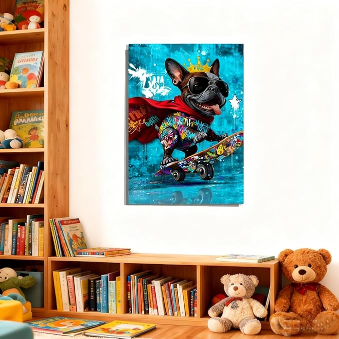 16x24 Graffiti Blue Skateboard Bulldog Canvas Wall Art Gallery Framed Poster Cartoon Dog Watercolor Painting Child Animals Bedroom Pictures Funny Pop Home Decor Teen Boy Kids Room Bathroom Prints