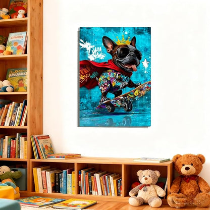 16x24 Graffiti Blue Skateboard Bulldog Canvas Wall Art Gallery Framed Poster Cartoon Dog Watercolor Painting Child Animals Bedroom Pictures Funny Pop Home Decor Teen Boy Kids Room Bathroom Prints