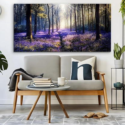 crmotu Nature Landscape Large Wall Art, Lavender Forest Nature Canvas Painting, Sunshine Scenery Aesthetic Art Prints, Purple Floral Wall Pictures for Living Room Bedroom Home Office 29X57 Inches